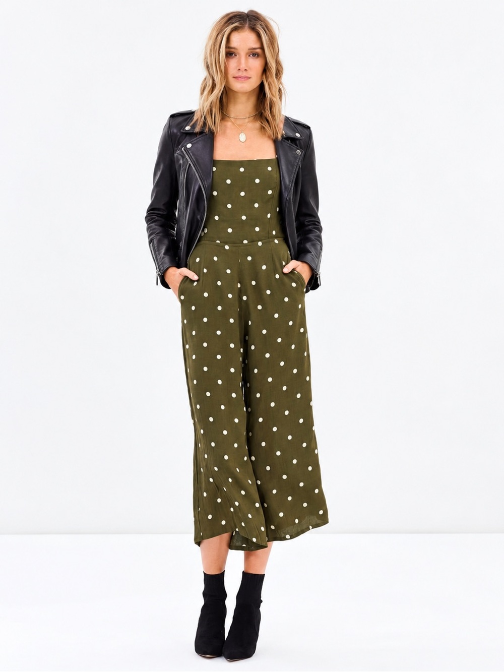 Faithfull the Brand Playa Polka Dot Jumpsuit Olive Green Wide Leg Tie Back